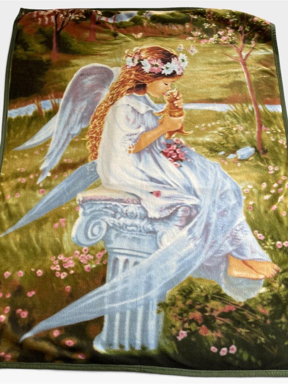 Vintage Sandra Kuck Angel Kissing Kitty Fleece Throw Blanket